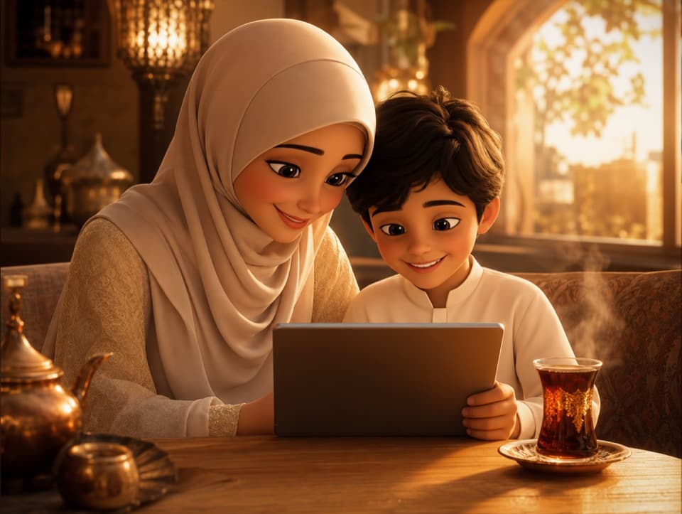 أم وطفلها يبتسمون سوية أمام تابلت على طاولة خشبية دافئة وبجانبهم استكان چاي