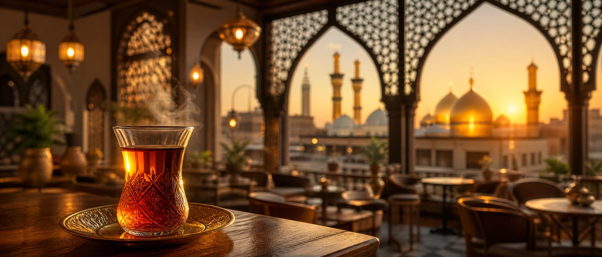 مقهى عربي دافئ وقت الغروب: استكان چاي يتصاعد منه البخار على طاولة خشبية، وخلفه أقواس ومآذن ذهبية