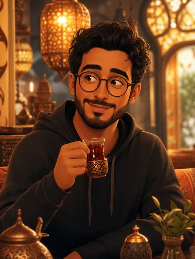 رسمة دافئة لجيس — شاب بنظارات وهودي يحمل استكان چاي ويبتسم داخل المقهى